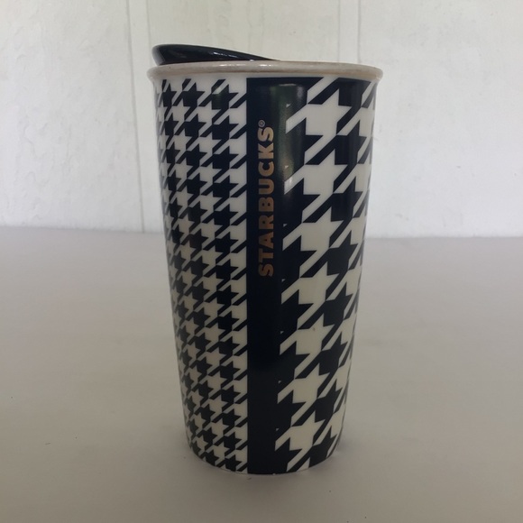 STARBUCKS 2015 HOUNDSTOOTH TUMBLER NAVY AND GOLD CERAMIC COFFEE 12 FL OZ TUMBLER - Picture 2 of 10